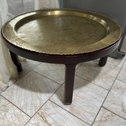 Round  Moroccan Coffee Table Hard Brass Tray And Solid Wood Base  
