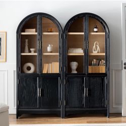 Set Of 2 Solid Wood Arched Storage Cabinet- Natural Wood Veneers& Water Based Paint Finished- Vintage 71 Inch Tall Display Decorative Cabinet for Livi