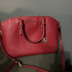 MICHAEL KORS SCARLET RED CIARA LARGE SAFFIANO LEATHER SATCHEL+WRISTLET RARE