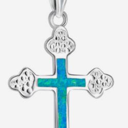 New Sterling Silver Opal Cross Pendant