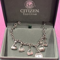 Citizen Lady Eco-Drive Rhinestone Watch Purses Charm Bracelet Silver Tone Japan