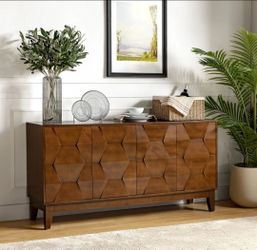 NEW 60" Walnut Geometric Sideboard – Modern 4-Door Storage Cabinet