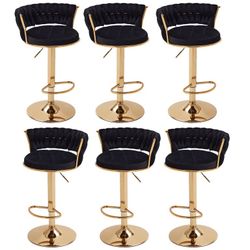 Set of 6 Velvet Bar Stools, Modern Swivel Adjustable Counter Height Kitchen Bar Chairs with Woven Back, for Dining Room Pub Island, Black