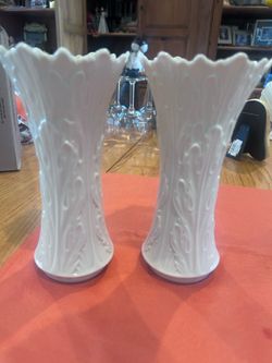 Pair of Vintage Lenox Ivory Porcelain Trumpet Vases, Embossed Leaf Design