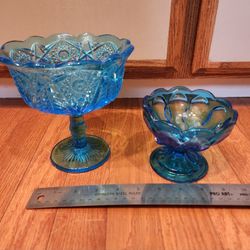 2 Vintage (L.E. Smith And Anchor Hocking) Blue Compote Glass Pieces
