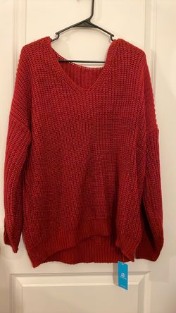 Red Chunky Knit V-Neck Sweater