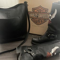 Vintage Harley Davidson Leather Boots , Leather Bag, Belt 