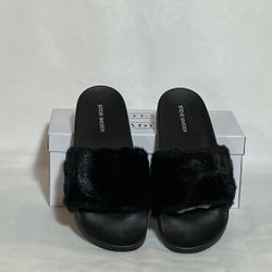 Steve Madden Black Furry Slides Woman’s 10 Brand New