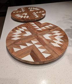 2 Geometric Wood & White Inlay Lazy Susans