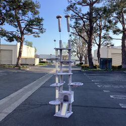 Floor to Ceiling Cat Tree, 89"-100" Adjustable Height Cat Climbing Tower Activity Center for Indoor Cats with Cat Perch, Condo & Hammocks, Gray