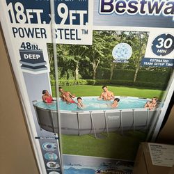 Bestway Power Steel 18' x 9' x 48" Oval Metal Frame Above Ground Outdoor Swimming Pool Set with 1500 GPH Filter Pump, Ladder, and Pool Cover