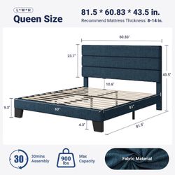 Allewie Queen Size Bl;ue Platform Bed Frame with Fabric Upholstered Headboard