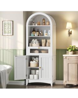 66" Tall Bathroom Storage Cabinet with Flip Drawer, Freestanding Storage Cabinet with Doors & Shelves,Arched Cabinets for Bathroom, Living Room, Kitch