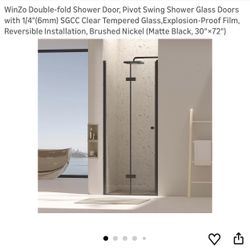 WinZo Double-fold Shower Door, Pivot Swing Shower Glass Doors with 1/4"(6mm) SGCC Clear Tempered Glass,Explosion-Proof Film, Reversible Installation, 
