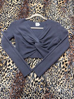Blue Gray Twist-Front Cropped Knit Sweater