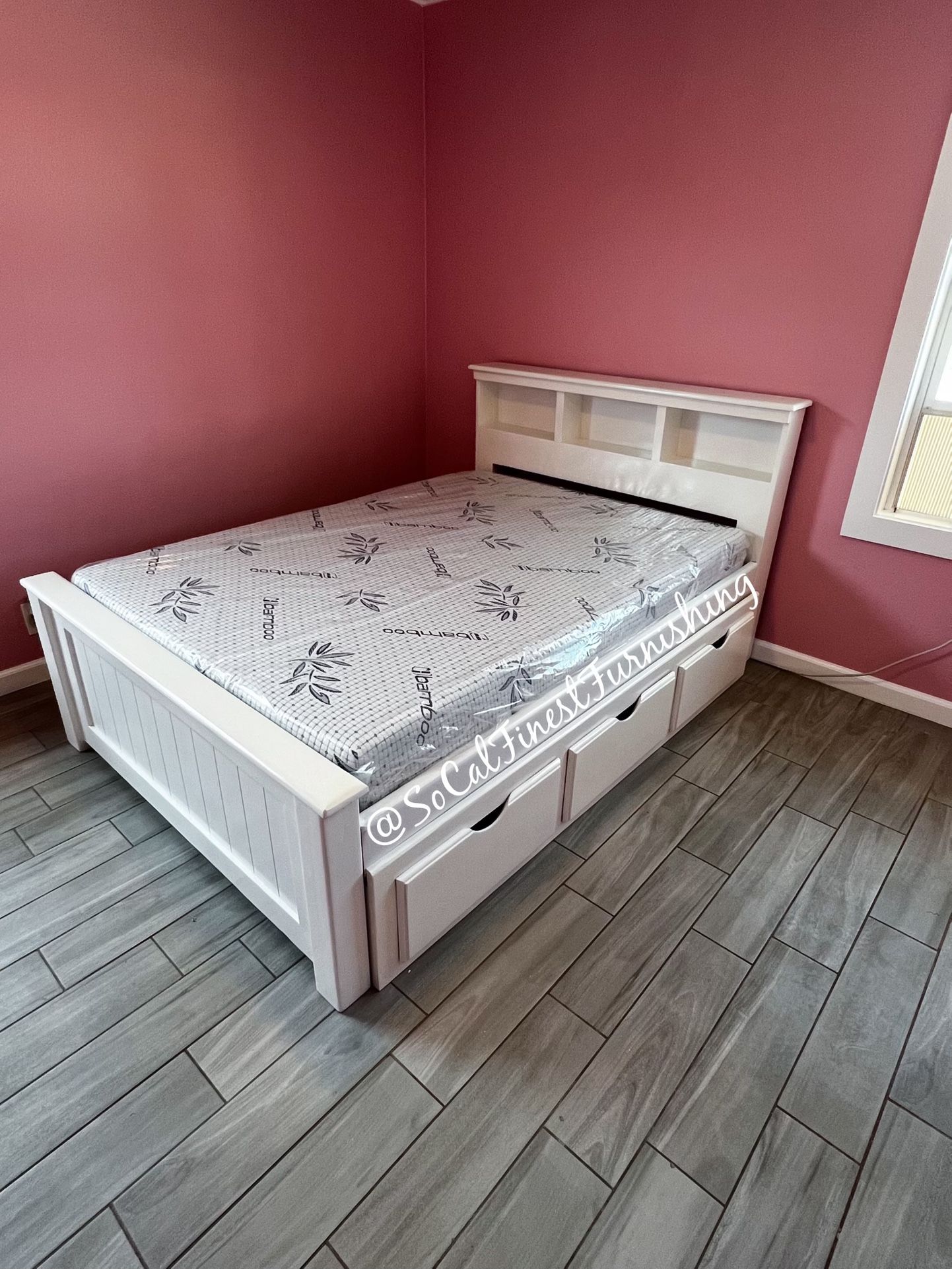 White Full Bed With Storage And Memory Foam Mattress 