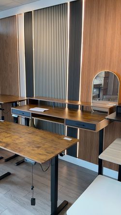 63 inches premium brown standing desk with shelves, drawers, and keyboard support