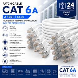 CAT6A Ethernet Patch Cable 2 ft White (24-Pack), 10 Gigabit High-Speed Network Cable, 500MHz UTP RJ45 LAN Cord, Gold-Plated Connectors, Compatible wit