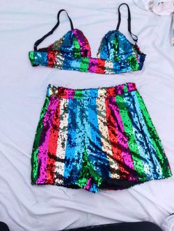 PRETTY LITTLE THING COLLECTION RAINBOW TOP AND BOTTOMS  SQUINE
