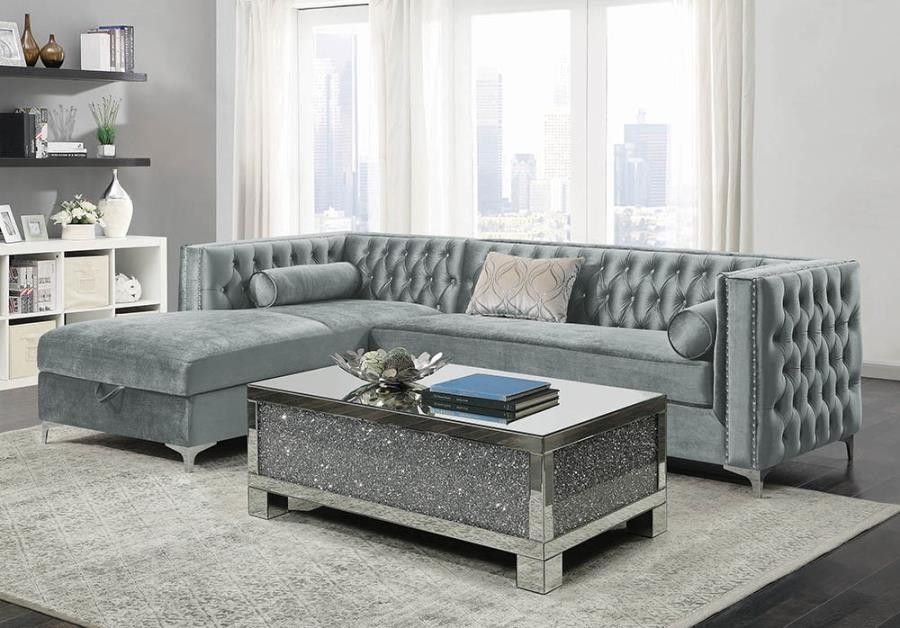 SILVER VELVET SECTIONAL SOFA SET