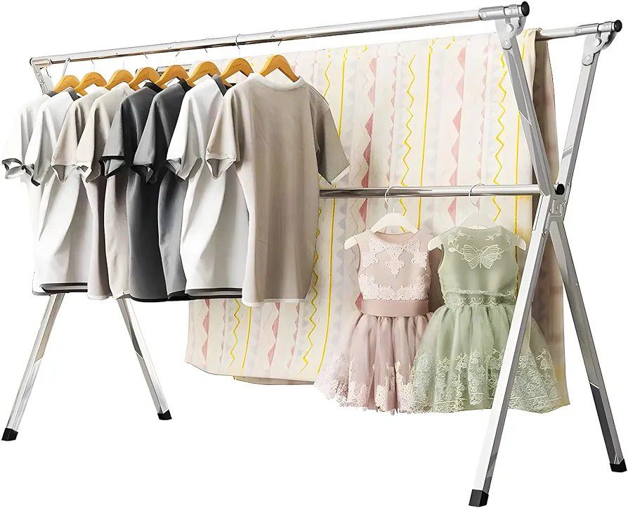 URYAN 95 Inches Clothes Drying Rack, Heavy Duty Stainless Steel Laundry Drying Rack Folding Indoor Outdoor, Portable Drying Rack Clothing, Blanket Rac