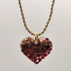 Heart Energy Orgonite Pendant – EMF Protection, Garnet, Onyx, Rose Quartz, Gold plated Chain, One-of-a-Kind

