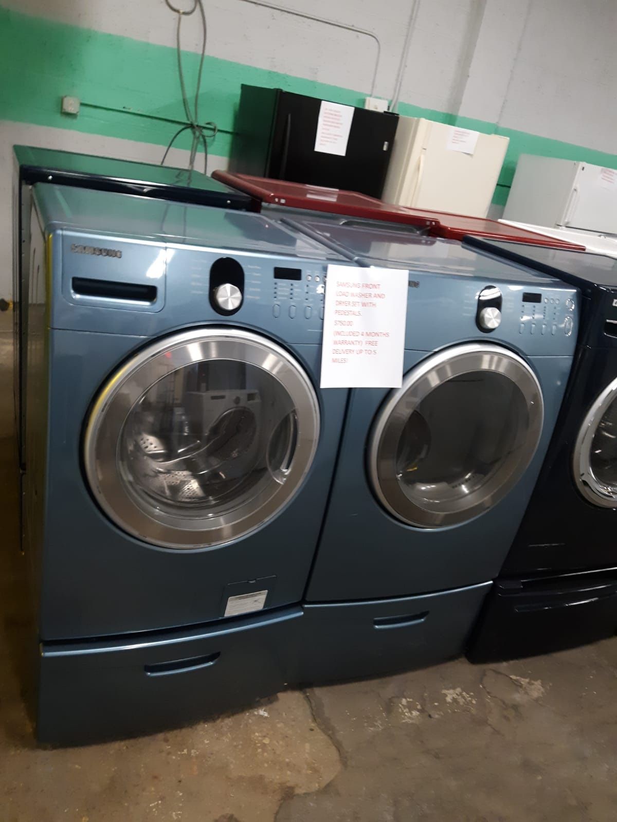 Samsung front load washer and dryer set with pedestal working perfectly 4 months warranty free delivery up to 5 miles