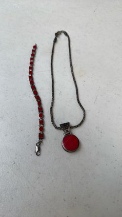 Red Stone Silver-Tone Necklace and Bracelet Set