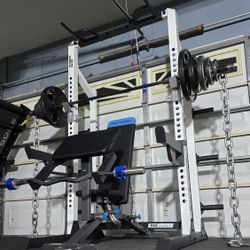 [FREE DELIVERY] + SQUAT RACK + ADJUSTABLE BENCH + OLYMPIC WEIGHT PLATES + OLYMPIC BARBELL + EZ CURL BAR 