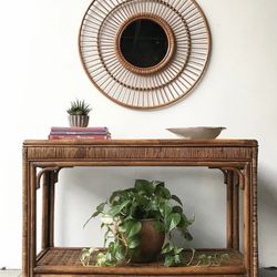 Vintage rattan and glass console table