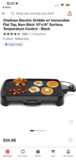 Chefman Electric Griddle w/ Immersible Flat Top, Non-Stick 10"x16" Surface, Temperature Control - Black