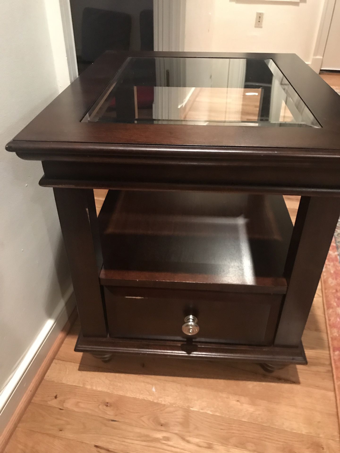 End table - espresso wood with glass top