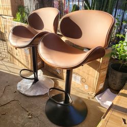 Swivel Counter Height Bar Stools Set of 2, Adjustable Faux Leather Upholstered Barstools with Bent Wood Back for Bar, Kitchen Island, Dining Room, Bro