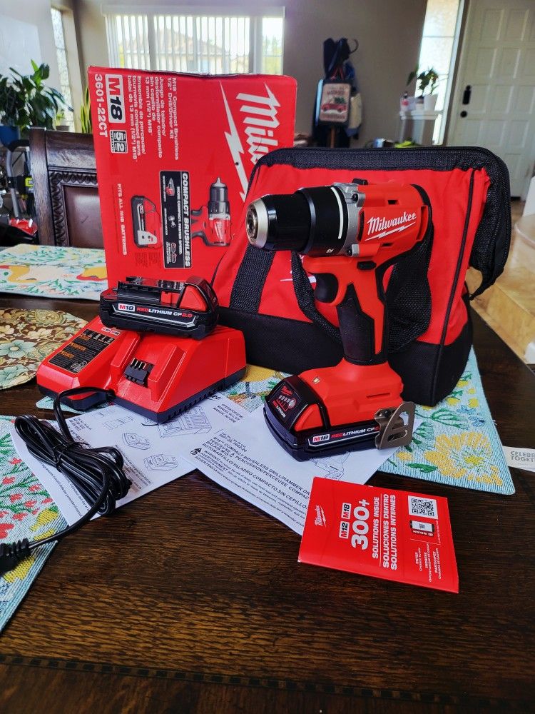 Milwaukee M18 18V Lithium-Ion Brushless Cordless 1/2 in. Compact Drill/Driver Kit with Two 2.0 Ah Batteries, Charger and Case.(Firm price))
