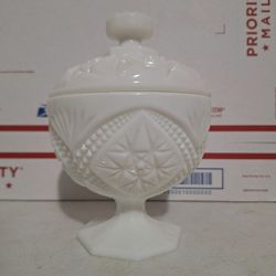 Vintage Imperial Glass Star & Cane Line 425 Milk W/ Lid Elevated Candy Dish 7.75"