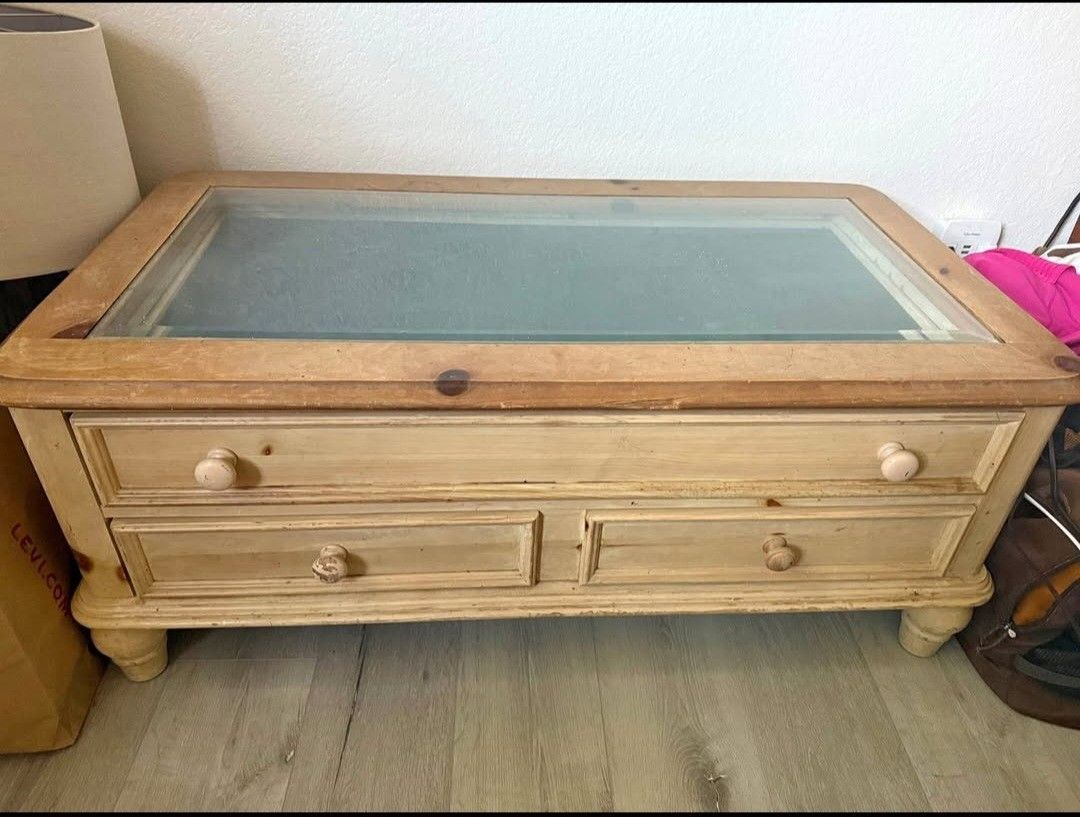 Coffee Table Storage Glass Top Shadow Box Display Case Farmhouse Style