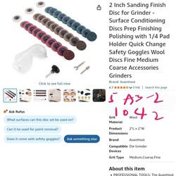 2 Inch Sanding Finish Disc for Grinder - Surface Conditioning Discs Prep Finishing Polishing with 1/4 Pad Holder Quick Change Safety Goggles Wool Disc