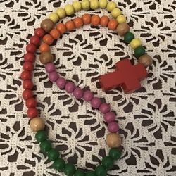 Vintage Painted Wood Beads Cross Necklace.  Multi Colored Wooden Bead Necklace with Large Red Wood Cross. EUC