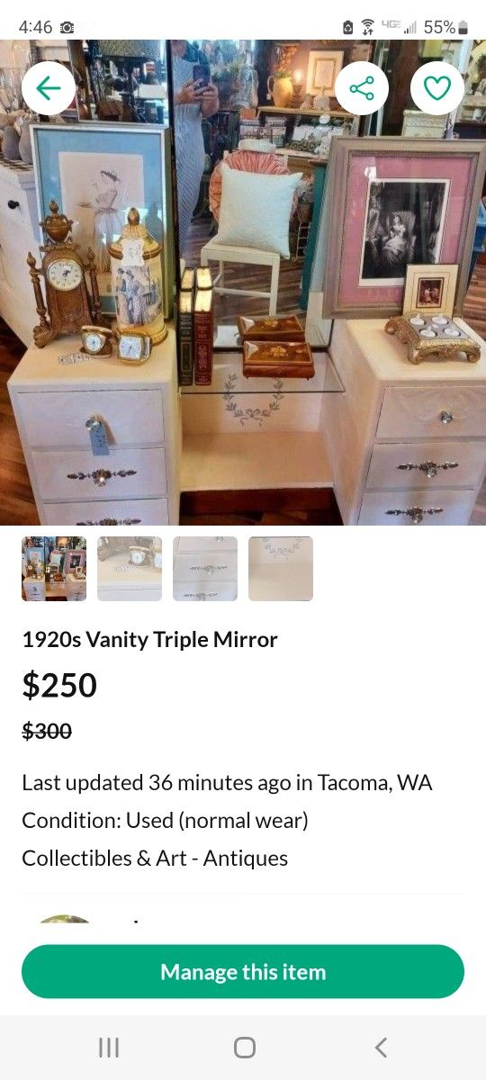 Antique Vanity Triple Mirror Refurbished 1920s
