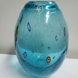 8.5" Margies Gardens Blown Aqua-blue Art Glass Vase