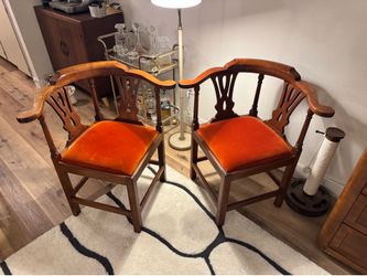 Mid Century Chippendale Corner Orange Velvet Chairs