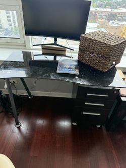 Flash Furniture Singleton Black Black Glass Computer Desk with Three Drawer Pedestal