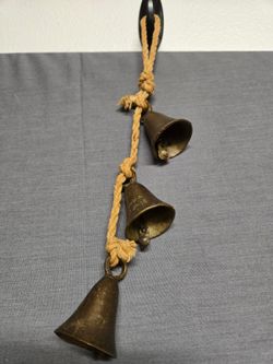 Vintage India Brass Hanging Bell Chime Braided Rope 1970's