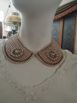 Vintage 1950's Beaded Collar Necklace. Vintage Hand Beaded Pearl and Satin Peter Pan Collar Necklace.