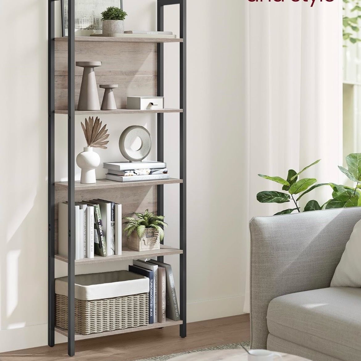 5-Tier Bookshelf, Book Shelf, Industrial Bookcase, with Steel Frame, for Living Room, Home Office, Bedroom