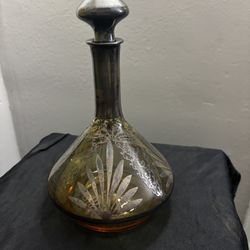 Vintage Delicate Glass  Decanter  Silver Overlay 