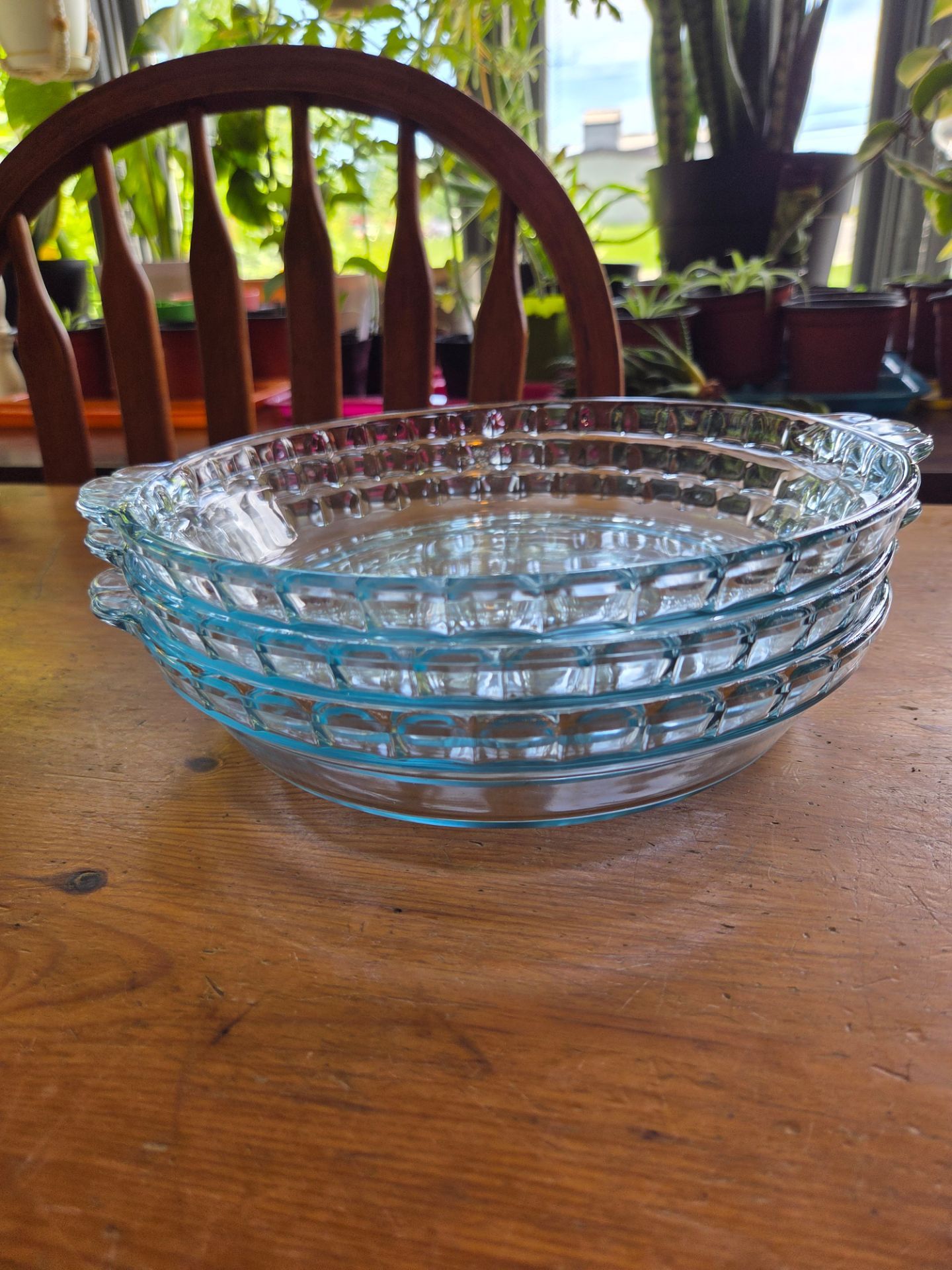 Set of 3 Marinex blue tinted glass fluted 9in pie dishes. All 3 for $5!