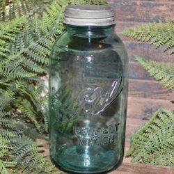 Vintage Blue Glass BALL Farmhouse Qt. Mason Canning Jar w/Zinc Lid