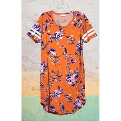 Vibrant Orange soft casual comfortable dress/nightgown, purple floral, Sz. L (14)