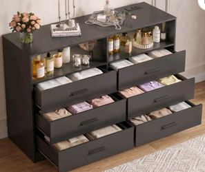 Black 6-Drawer Dresser with Open Shelves